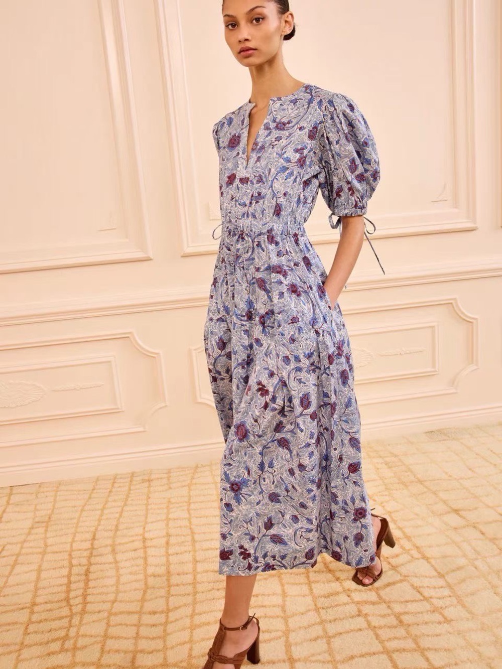 NWOT Ulla Johnson Blue Floral Puff-Sleeve Cotton Midi Dress, Size US 2/4/6/8 - Picture 1 of 7